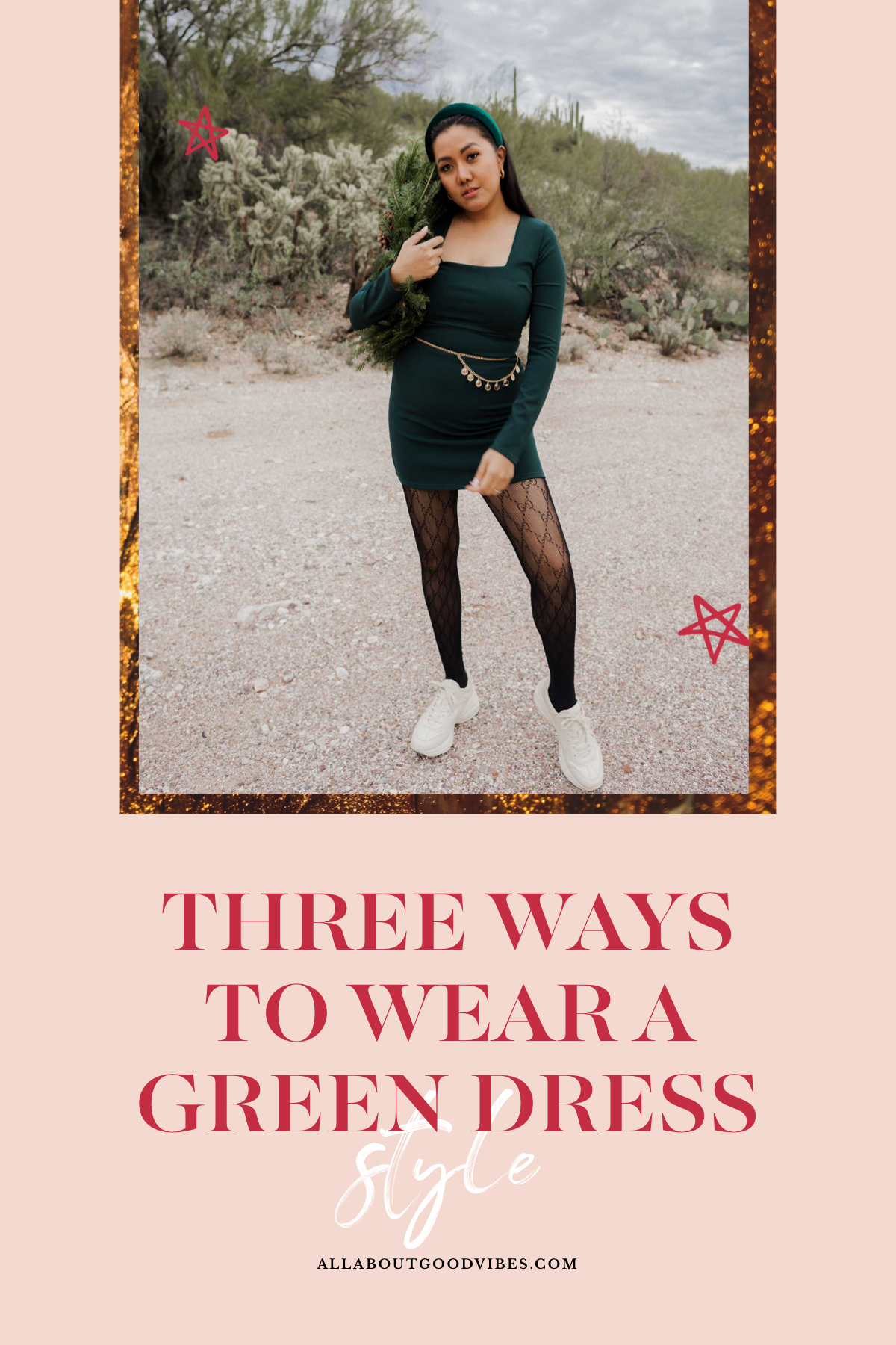 Molly larsen lifestyle blogger wearing a green dress standing while holding a Christmas wreath Green Dress, Emerald Green Dress